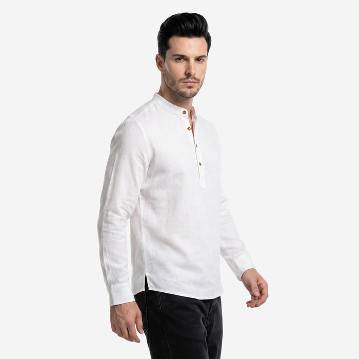 Men’s Linen Short Kurta | Solid Mandarin Collar (White)