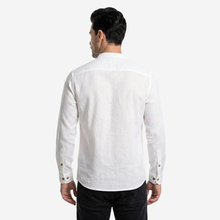 Men’s Linen Short Kurta | Solid Mandarin Collar (White)