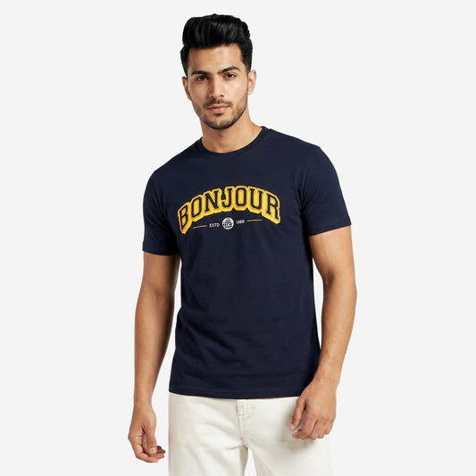 Men's Printed Round Neck Short Sleeve T-Shirt (Navy)