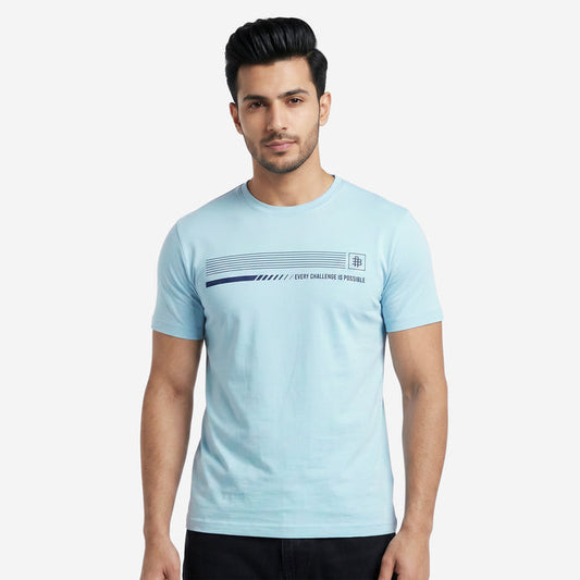 Men's Printed Round Neck Short Sleeve T-Shirt (Sky Blue)