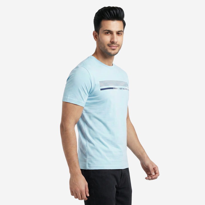 Men's Printed Round Neck Short Sleeve T-Shirt (Sky Blue)