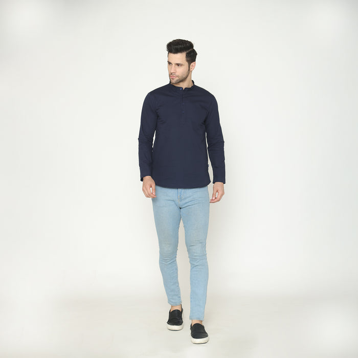 Men's Solid Short Kurta - Navy