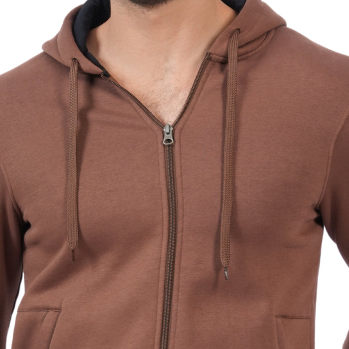 Men’s Solid Zipper Hooded Jacket (Brown)