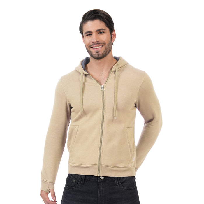 Men’s Solid Zipper Hooded Jacket (Cream)