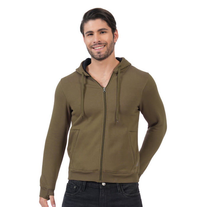 Men’s Solid Zipper Hooded Jacket (Olive)