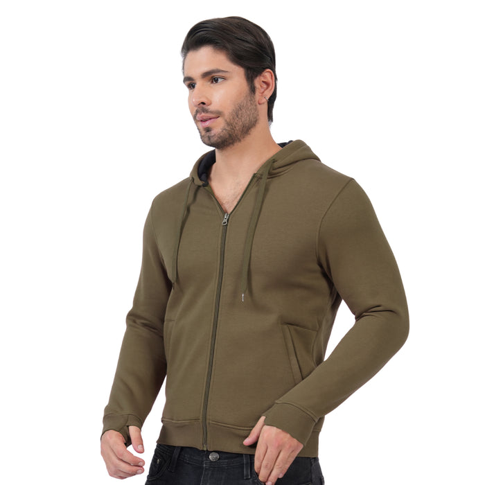 Men’s Solid Zipper Hooded Jacket (Olive)