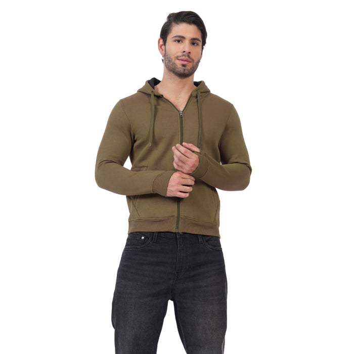 Men’s Solid Zipper Hooded Jacket (Olive)