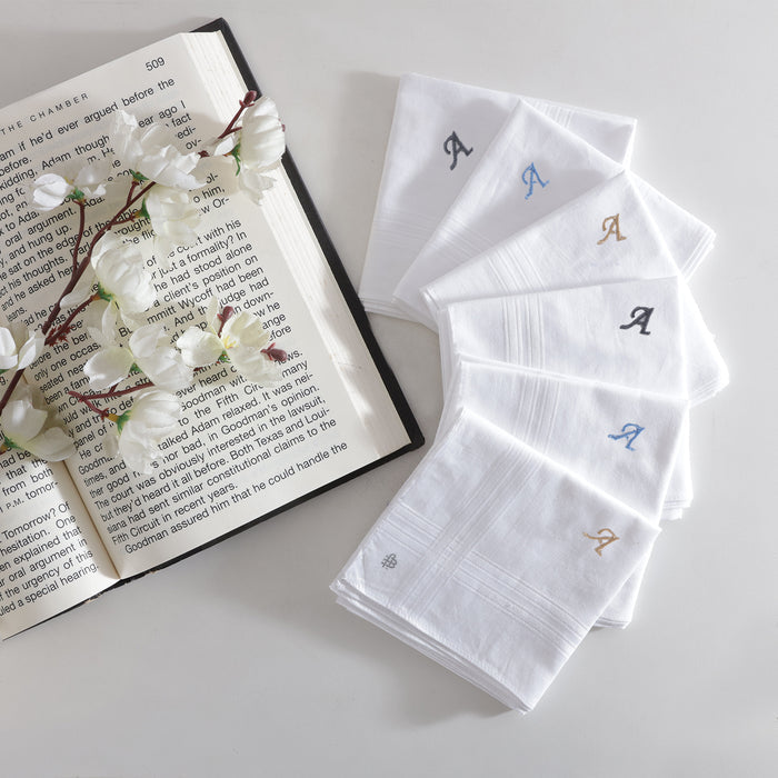 Men's White Cotton Handkerchief With Alphabet A Initial (Pack of 6)