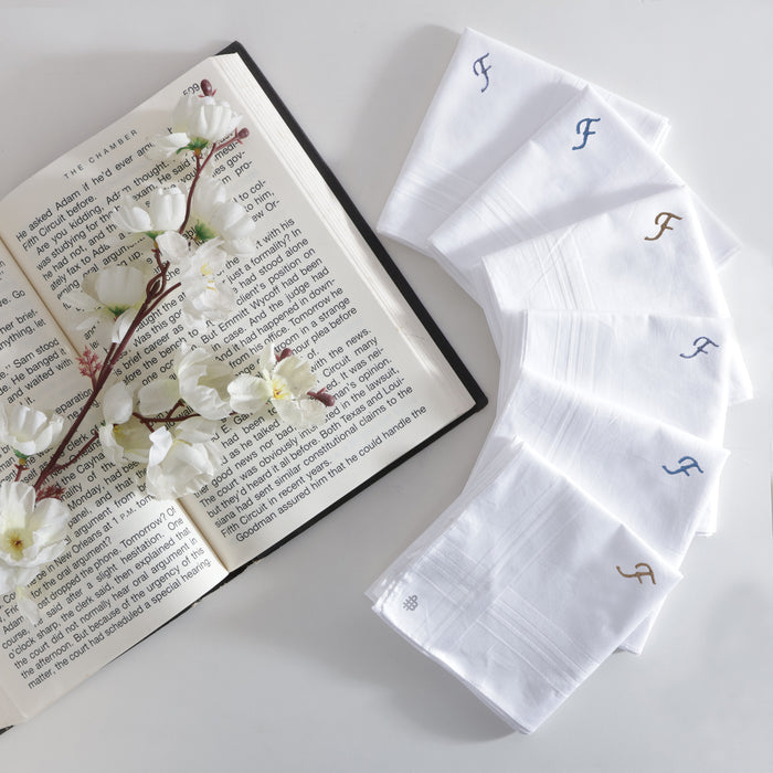 Men's White Cotton Handkerchief With Alphabet F Initial (Pack of 6)