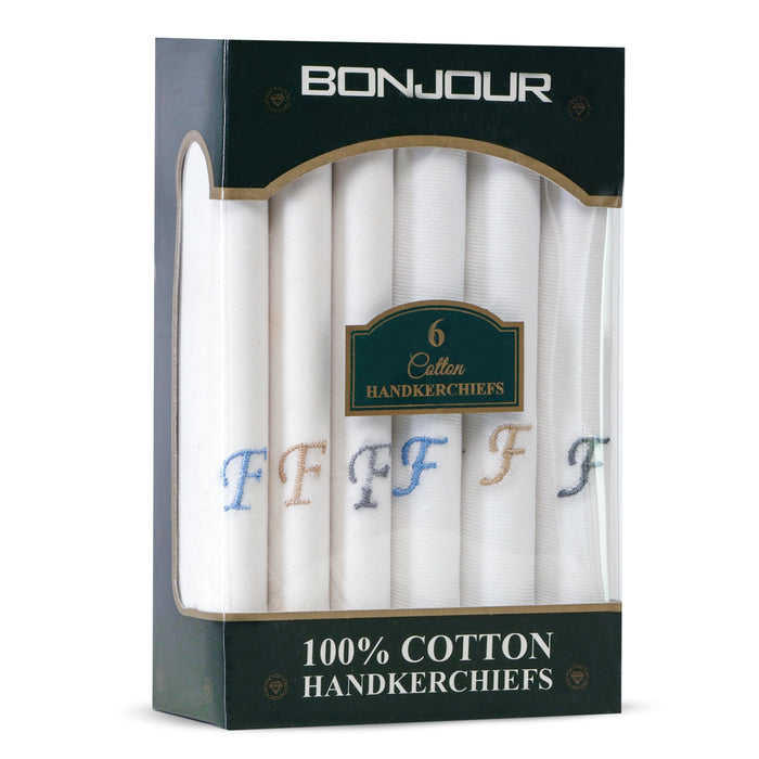Men's White Cotton Handkerchief With Alphabet F Initial (Pack of 6)