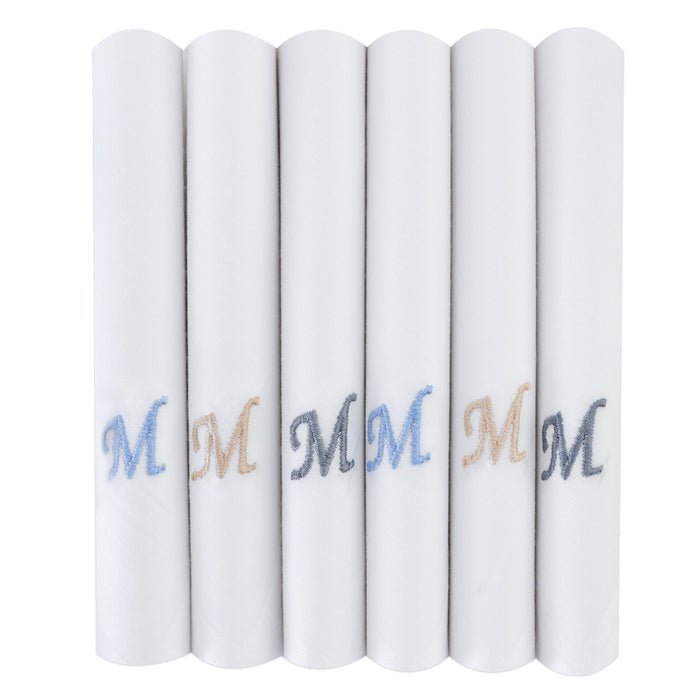 Men's White Cotton Handkerchief With Alphabet M Initial (Pack of 6)