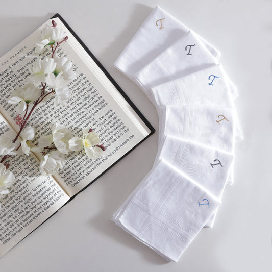 Men's White Cotton Handkerchief With Alphabet T Initial (Pack of 6)