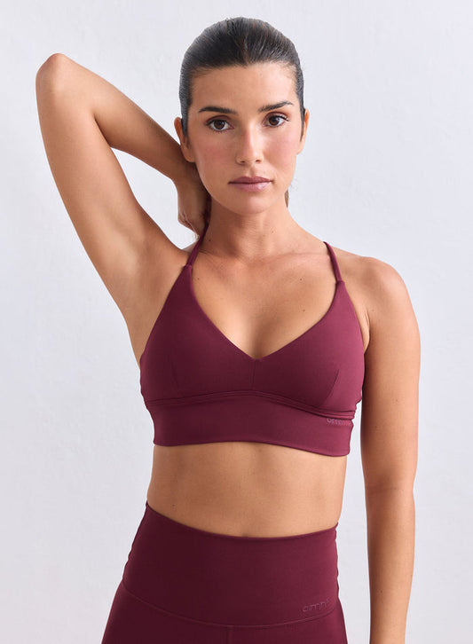 Merlot Sense Strap Bra with thin straps and second skin feel worn by a model for aim'n. [XS-165cm]