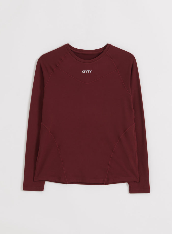 Merlot Soft Basic Long Sleeve by aim'n with raglan sleeves and a second skin feel shown in a flatlay.