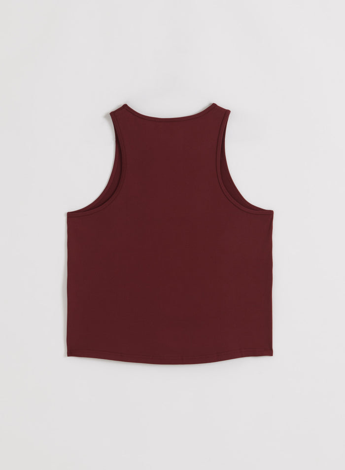 Merlot Soft Basic Singlet from aim'n in a back view flatlay, made from soft and stretchy jersey fabric.