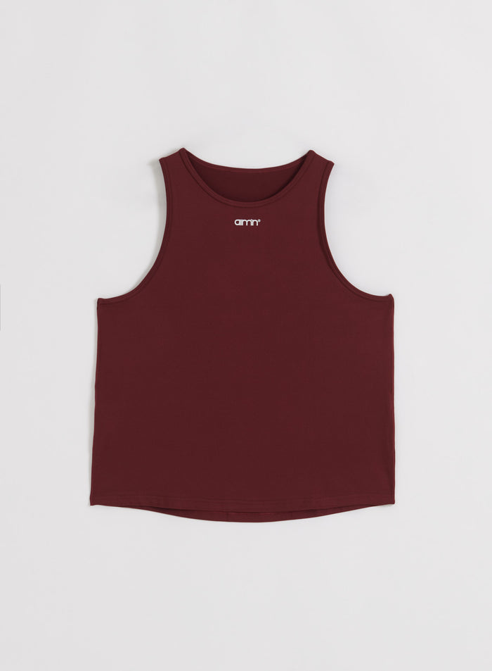Merlot Soft Basic Singlet flatlay with a round neck and white aim'n logo on the chest.