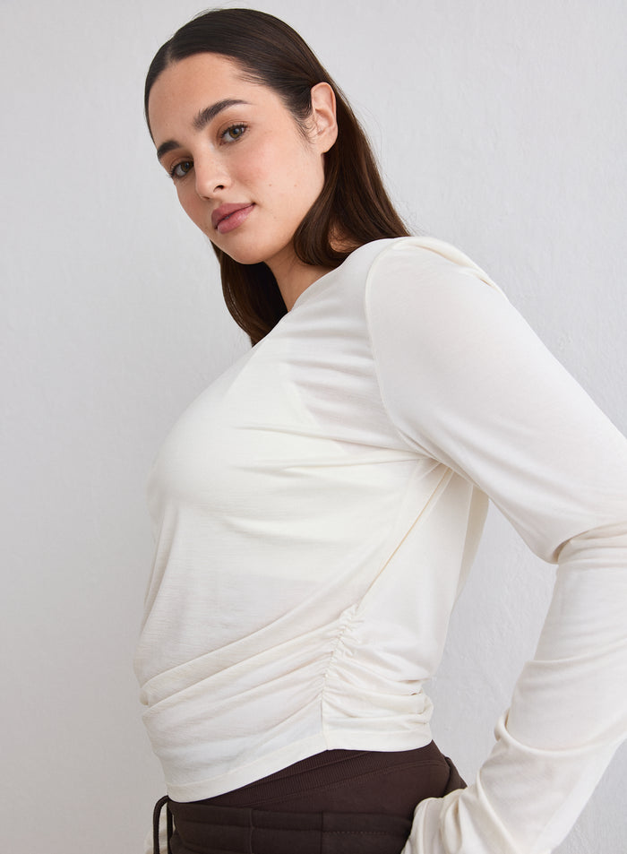 A model wearing the Off White Luminous Draped Long Sleeve from aim'n [L-174cm]