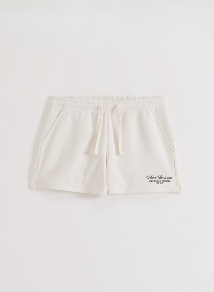 Off-white aim'n Script Sweat Shorts featuring an elastic drawstring waist and script logo detail.