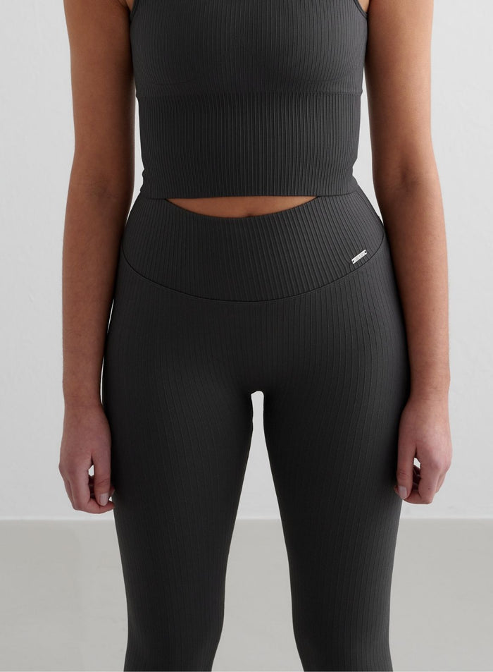 Shadow grey ribbed seamless tall tights and matching crop top by aim'n with a high-waisted fit.
