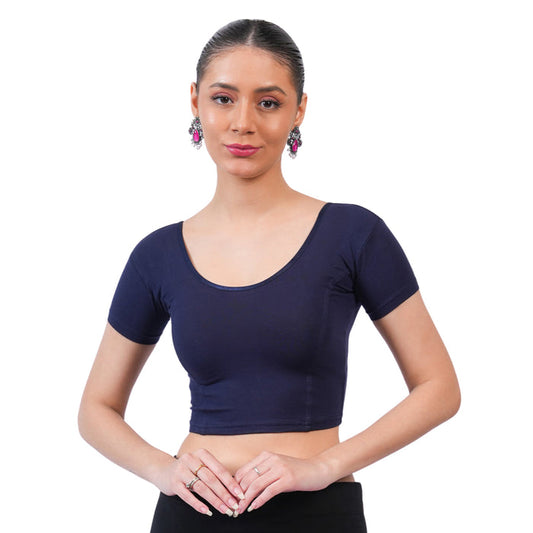 Vami Women's Cotton Stretchable Readymade Blouses - Navy