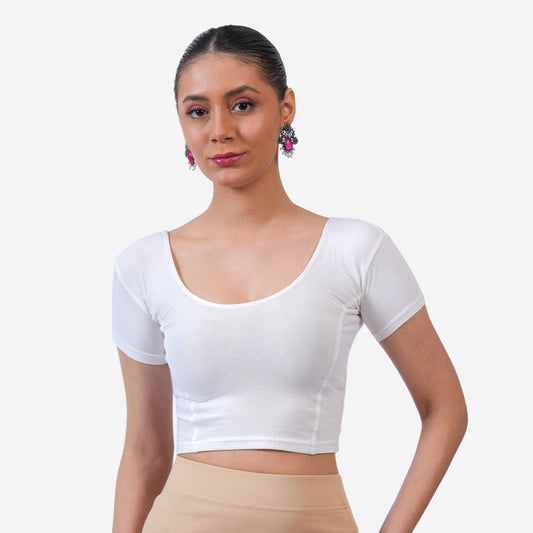 Vami Women's Cotton Stretchable Readymade Blouses - White
