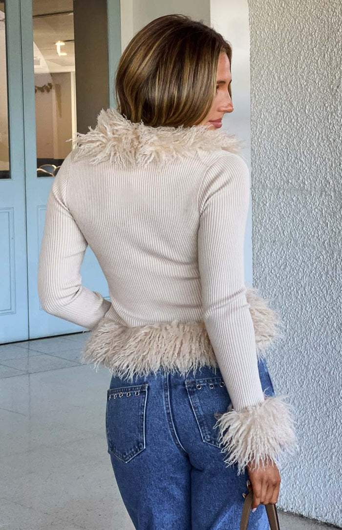 Violetta Beige Fur Trim Knit Cardigan