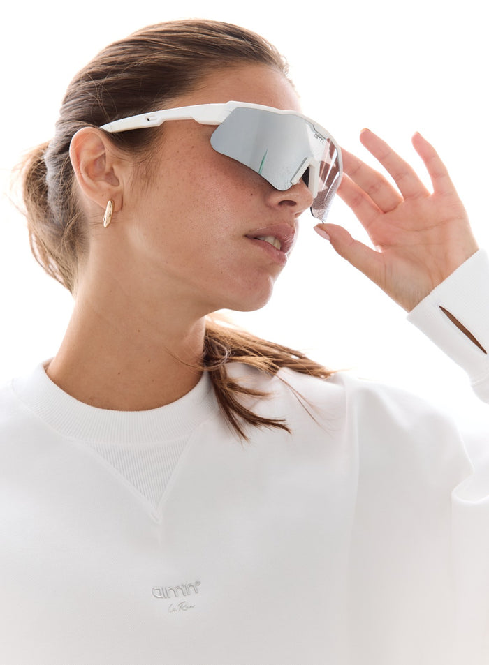 White relaxed-fit running sweatshirt featuring mirrored sports sunglasses and aim'n branding. [M-178cm]