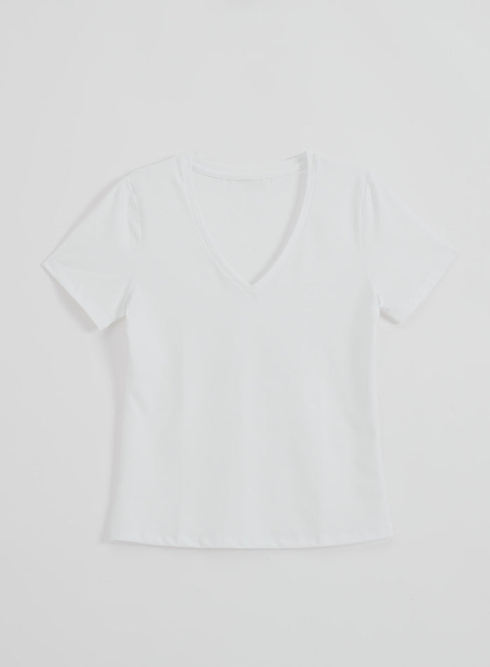 White Soft Basic V-neck Short Sleeve