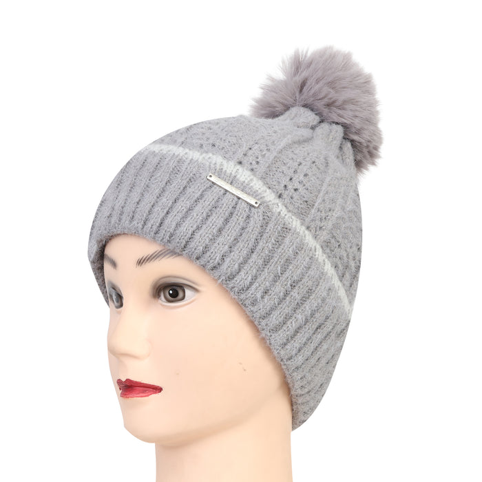 Women & Girls Pom-Pom Knitted Beanie Cap (Lt.Grey)