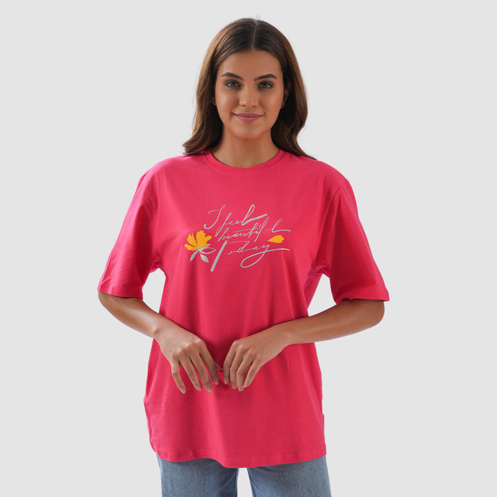 Women-Knitted-Fabric-Regular-Fit-Half-Sleeve-Tee/T-shirt - Crimson
