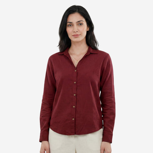 Women Linen Comfort Shirt - (Dewberry Wine)