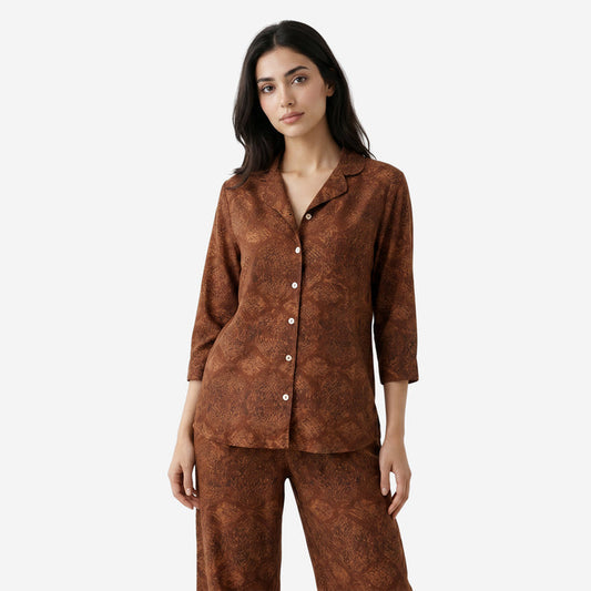 Women Printed Rayon Loungewear Set (Brown)