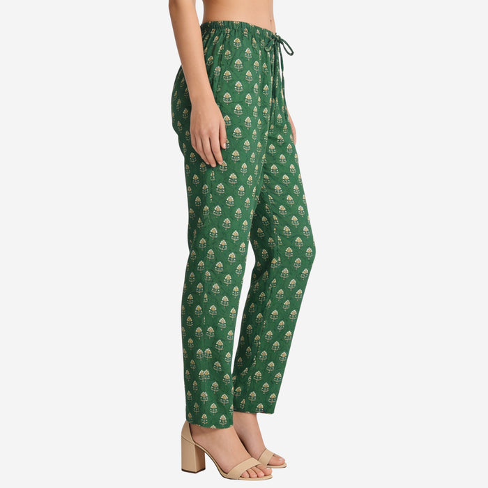 Women Printed Rayon Relaxed-Fit Lounge Pyjama Pants - Dark Green