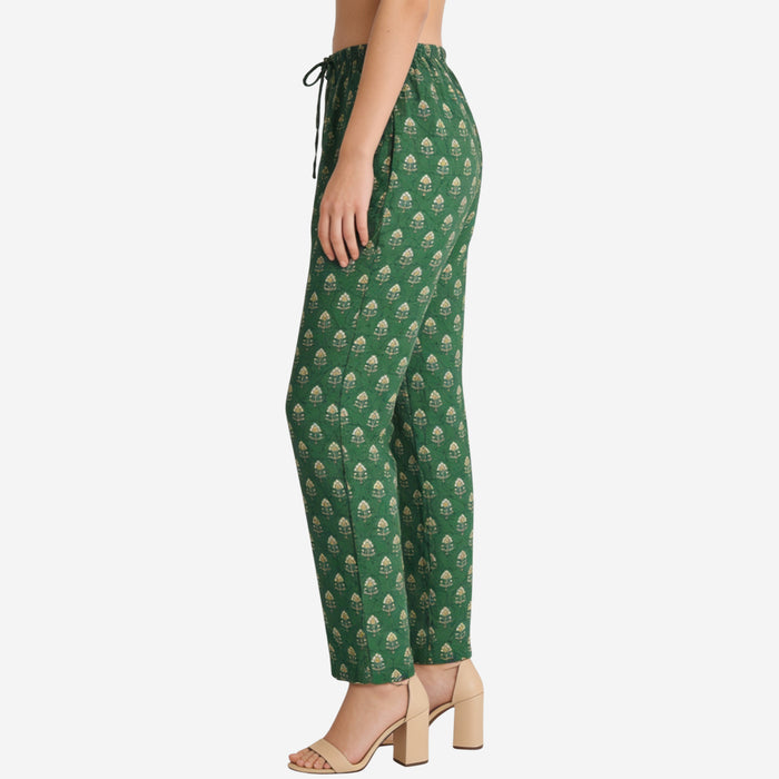 Women Printed Rayon Relaxed-Fit Lounge Pyjama Pants - Dark Green