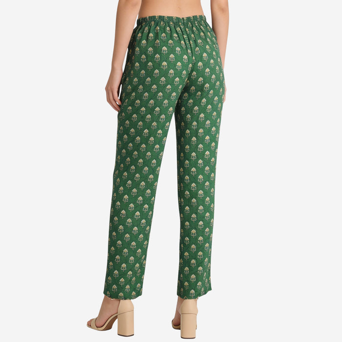 Women Printed Rayon Relaxed-Fit Lounge Pyjama Pants - Dark Green