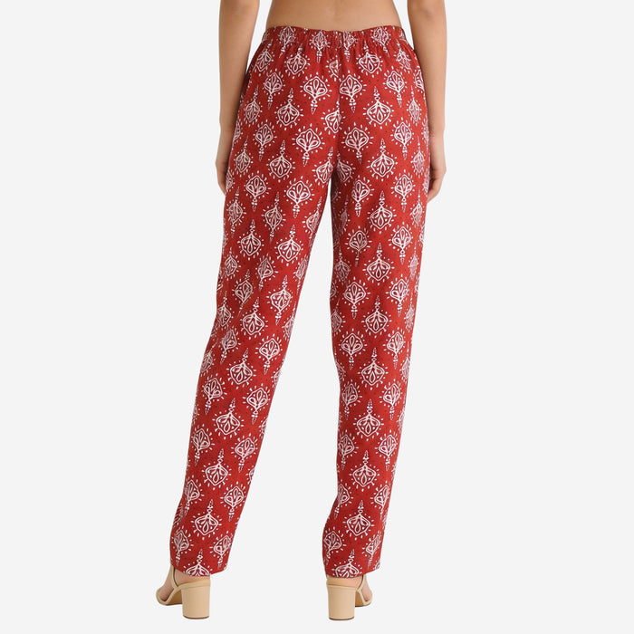 Women Printed Rayon Relaxed-Fit Lounge Pyjama Pants - Maroon