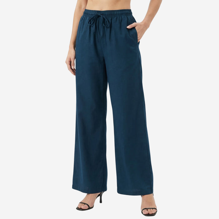 Women Solid Woven Viscose Palazzo -Prussian Blue