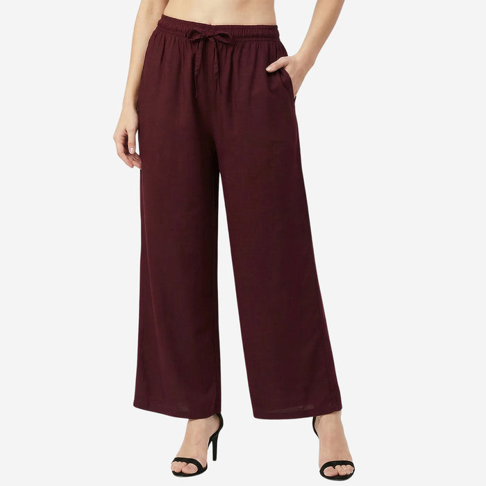 Women Solid Woven Viscose Palazzo -Wine