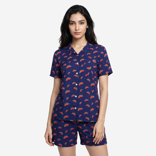 Women Watermelon Print Rayon Loungewear Set (Blue)