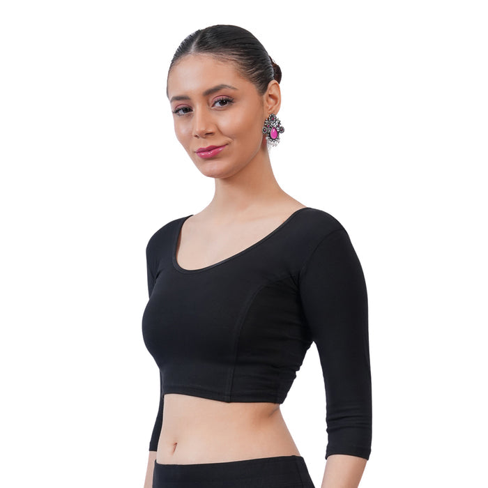 Women's 3/4 Length Cotton Stretchable Readymade Plain Blouse  - Black