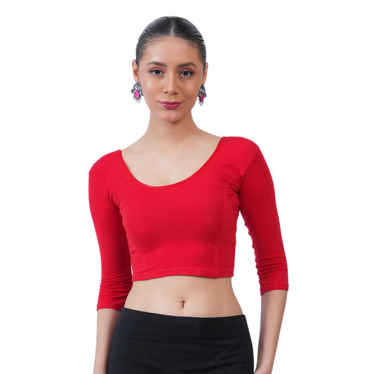 Women's 3/4 Length Cotton Stretchable Readymade Plain Blouse - True Red