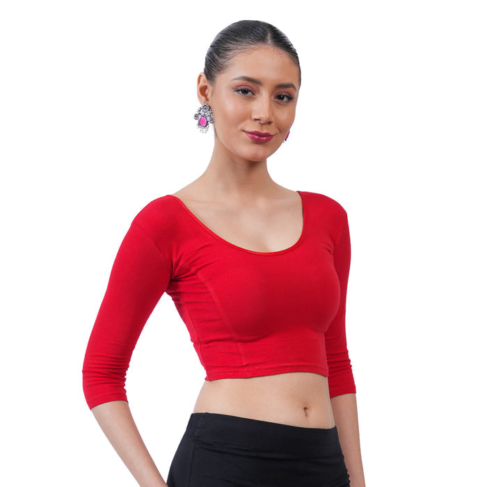 Women's 3/4 Length Cotton Stretchable Readymade Plain Blouse - True Red