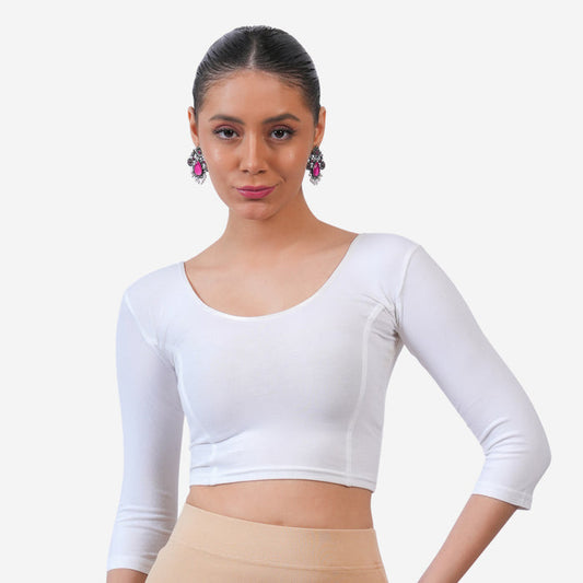Women's 3/4 Length Cotton Stretchable Readymade Plain Blouse - White