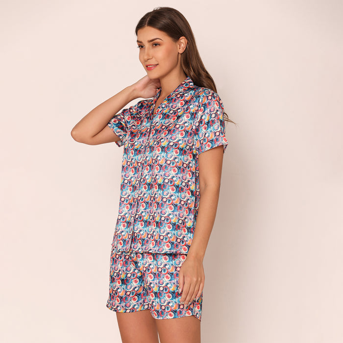 Women's Painted Paradise Satin Night Suit Set of Shirt & Shorts