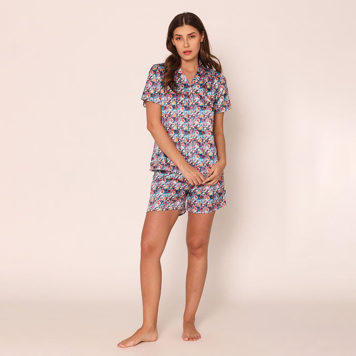 Women's Painted Paradise Satin Night Suit Set of Shirt & Shorts