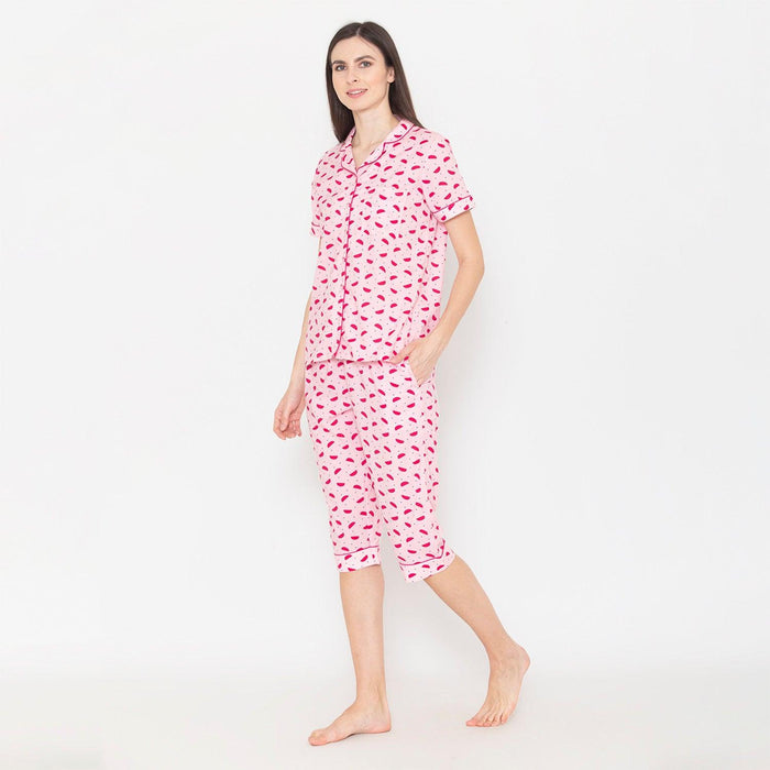 Printed Night Suit Set of Shirt & Capri For Ladies