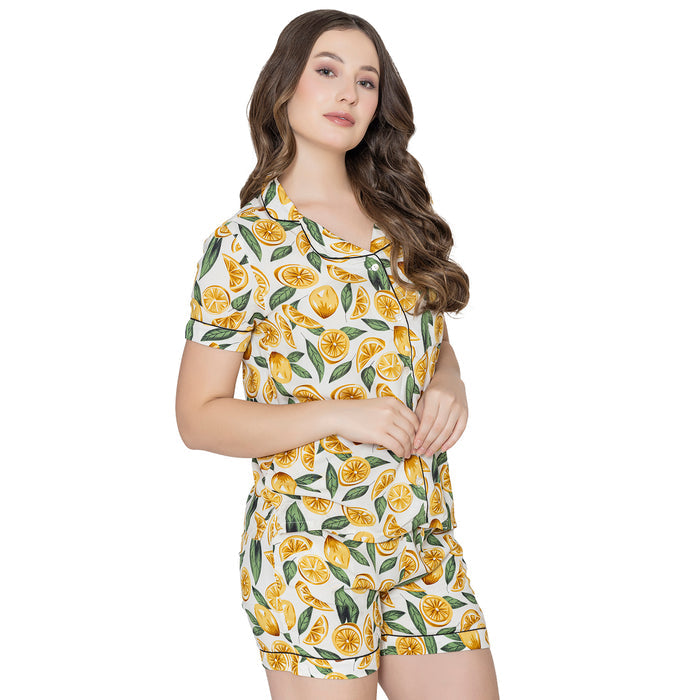 Women's  Printed Night Suit Set Of Top & Shorts - Yellow