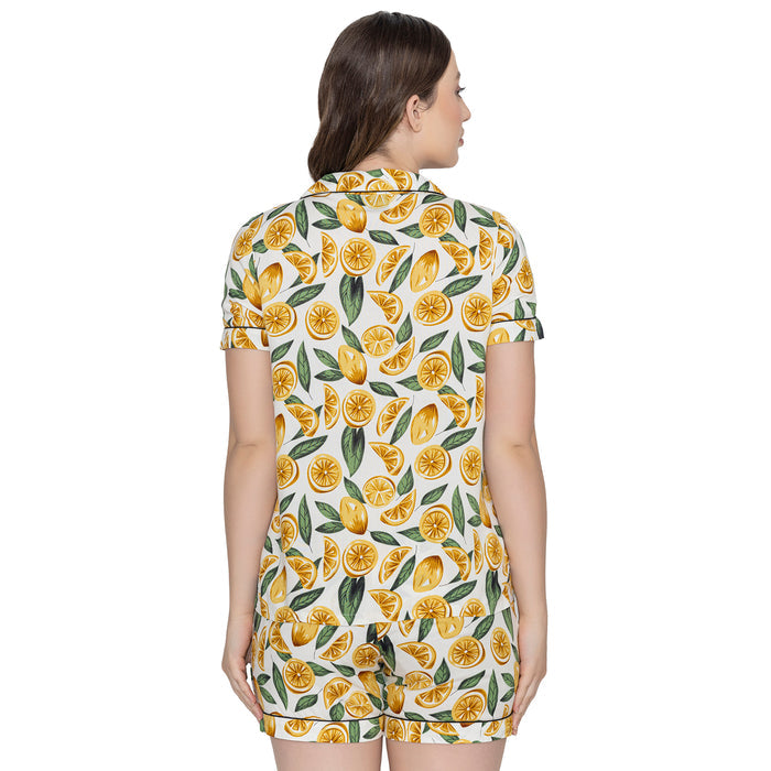 Women's  Printed Night Suit Set Of Top & Shorts - Yellow