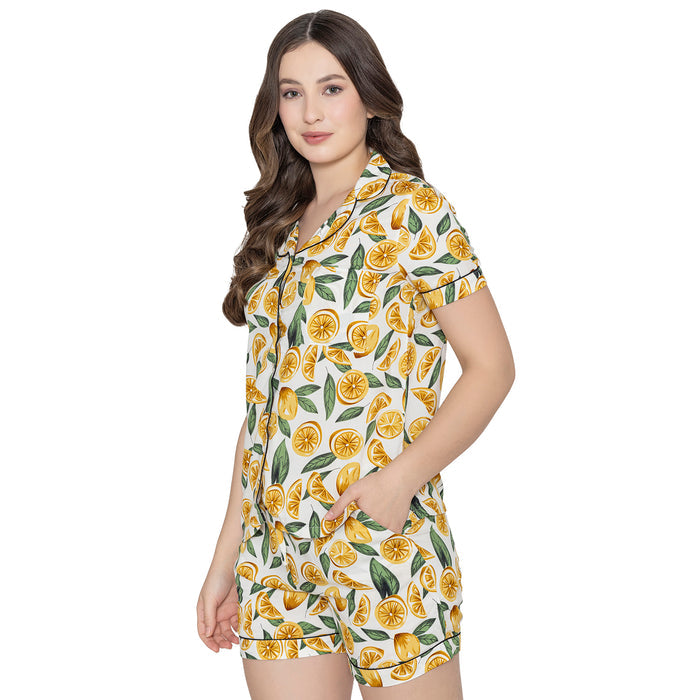 Women's  Printed Night Suit Set Of Top & Shorts - Yellow