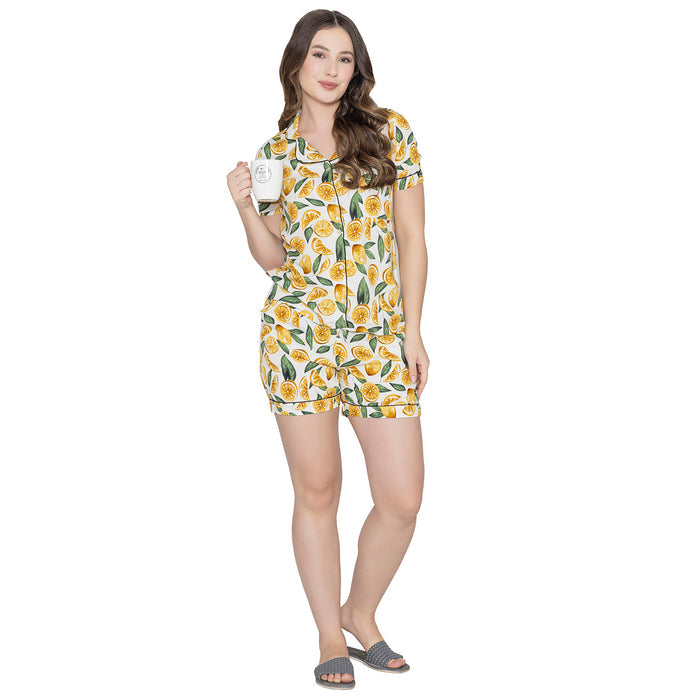 Women's  Printed Night Suit Set Of Top & Shorts - Yellow